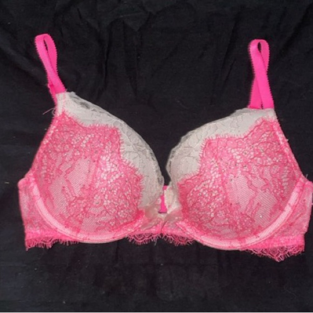 Victoria's Secret Hot Pink and White Lace Bra 32C
